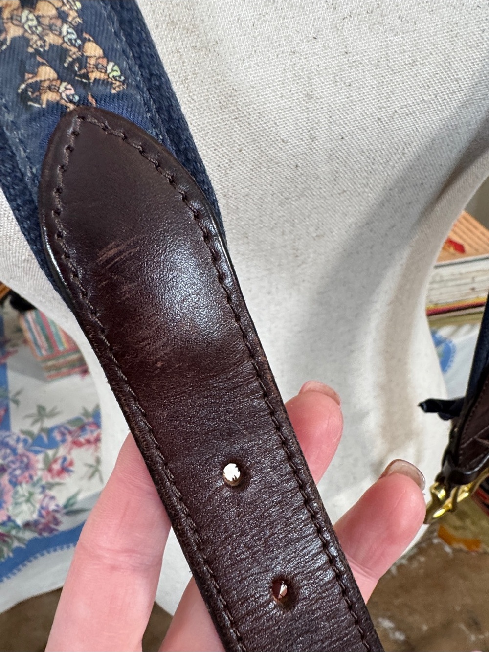 Vineyard Vines for Kentucky Derby Navy Webbing Belt w/Brown Leather & Brass - Picture 5 of 6
